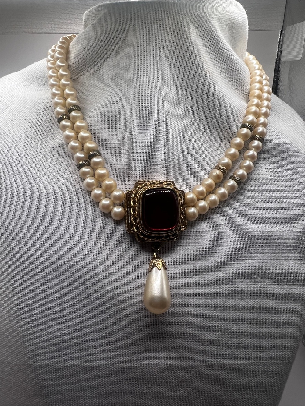 Vintage 1928 Pearl Double strand Necklace with red glass pendant and pearl